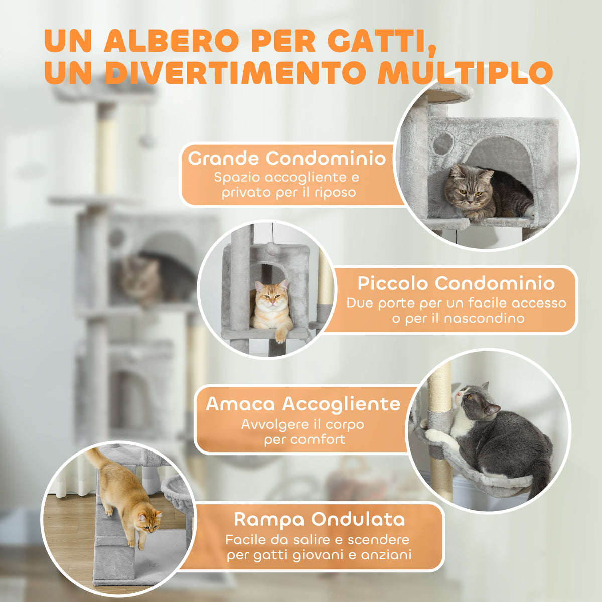 Albero Tiragraffi per Gatti con 2 Casette, Amaca, Lettino e Pali in Sisal, 48x48x160 cm, Grigio