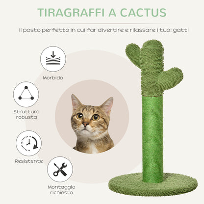 Albero Tiragraffi per Gatti a Forma di Cactus con Corde in Sisal, 40x40x65 cm, Verde