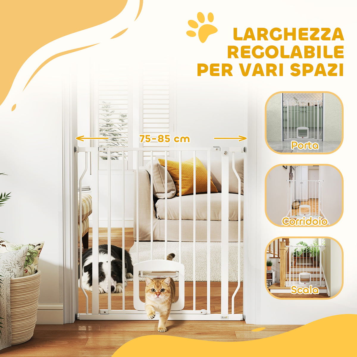 Cancello per Cani e Gatti Estensibile con Gattaiola Integrata, in Acciaio e ABS, 75-85x2x76 cm, Bianco