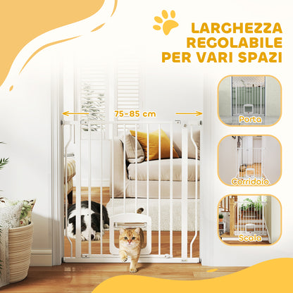 Cancello per Cani e Gatti Estensibile con Gattaiola Integrata, in Acciaio e ABS, 75-85x2x76 cm, Bianco