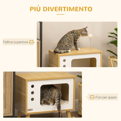 Casetta per Gatti in Truciolato a forma di Televisore con Cuscino e Pallina Giocattolo, 50x28x43 cm
