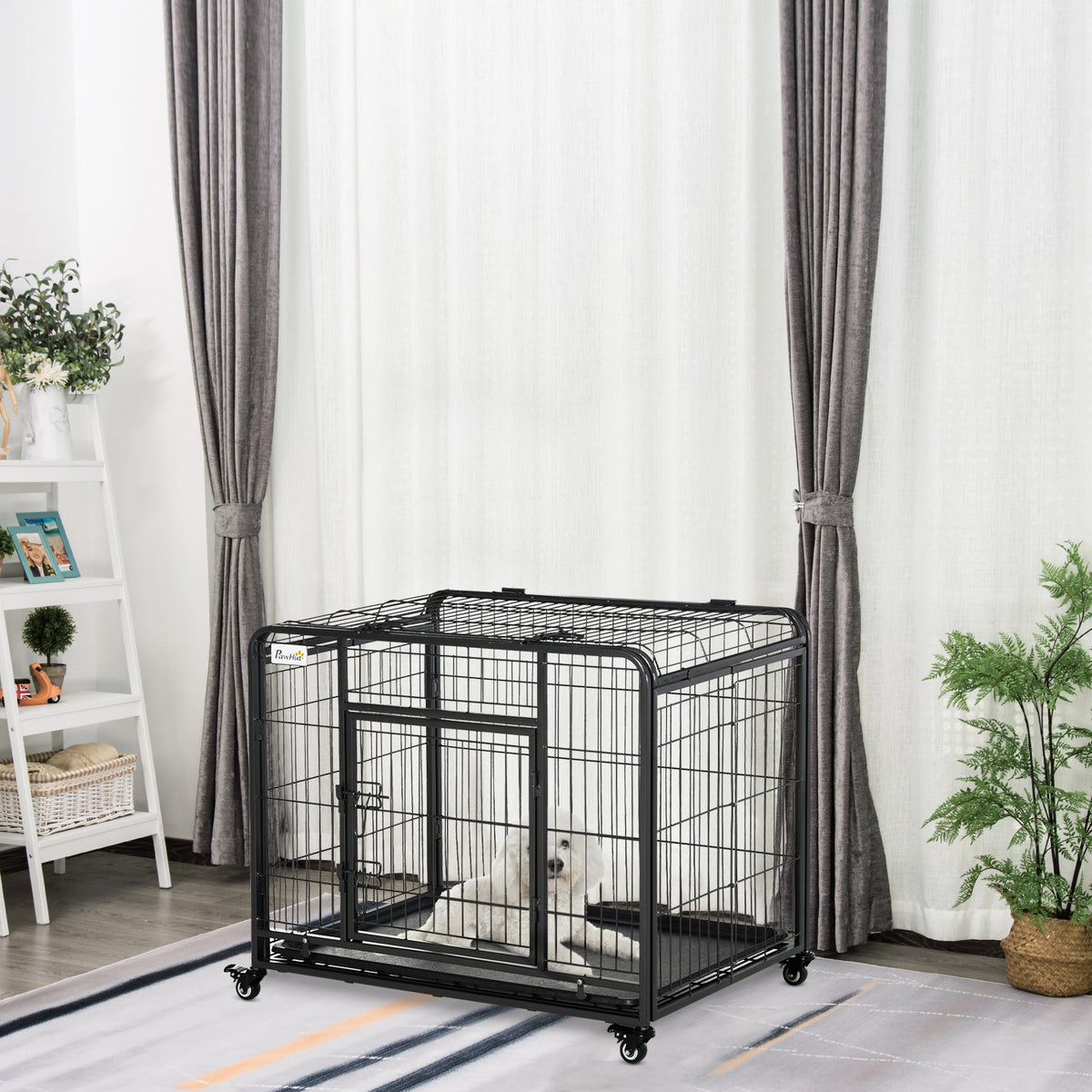 Kennel per Cani Pieghevole a Doppia Porta con Blocco, 4 Ruote con Freno e Fondo Rimovibile, 94x58x69.5 cm, Grigio