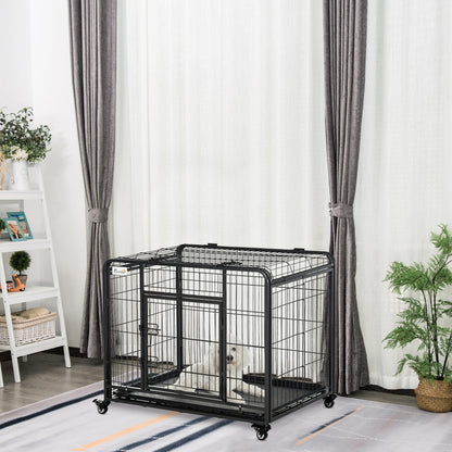 Kennel per Cani Pieghevole a Doppia Porta con Blocco, 4 Ruote con Freno e Fondo Rimovibile, 94x58x69.5 cm, Grigio