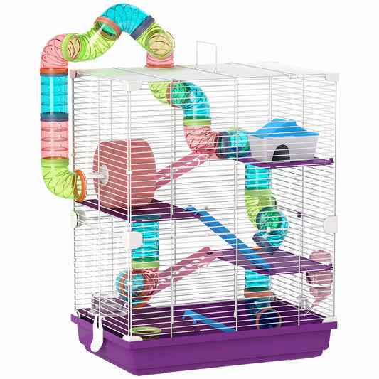 Gabbia per Criceti a 5 Livelli con Tubi, Ruota, Scale, Casetta e Bottiglia, 46x30x58 cm, Viola