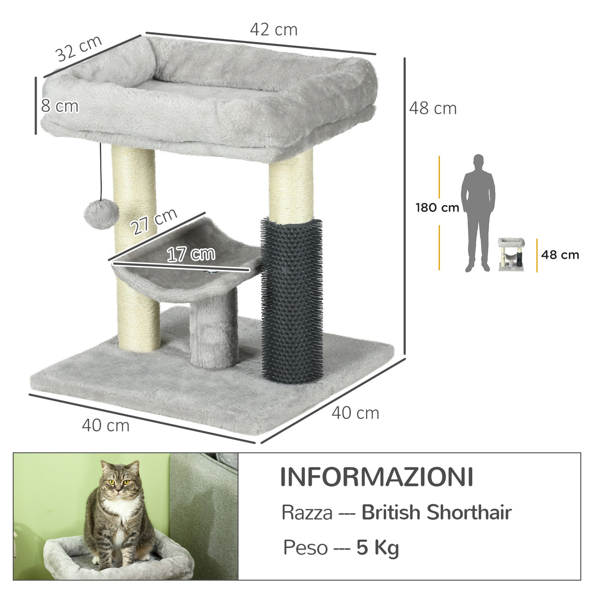 Albero Tiragraffi con Lettino, Piattaforma, Spazzola e Palo in Sisal, 40x40x48 cm, Grigio