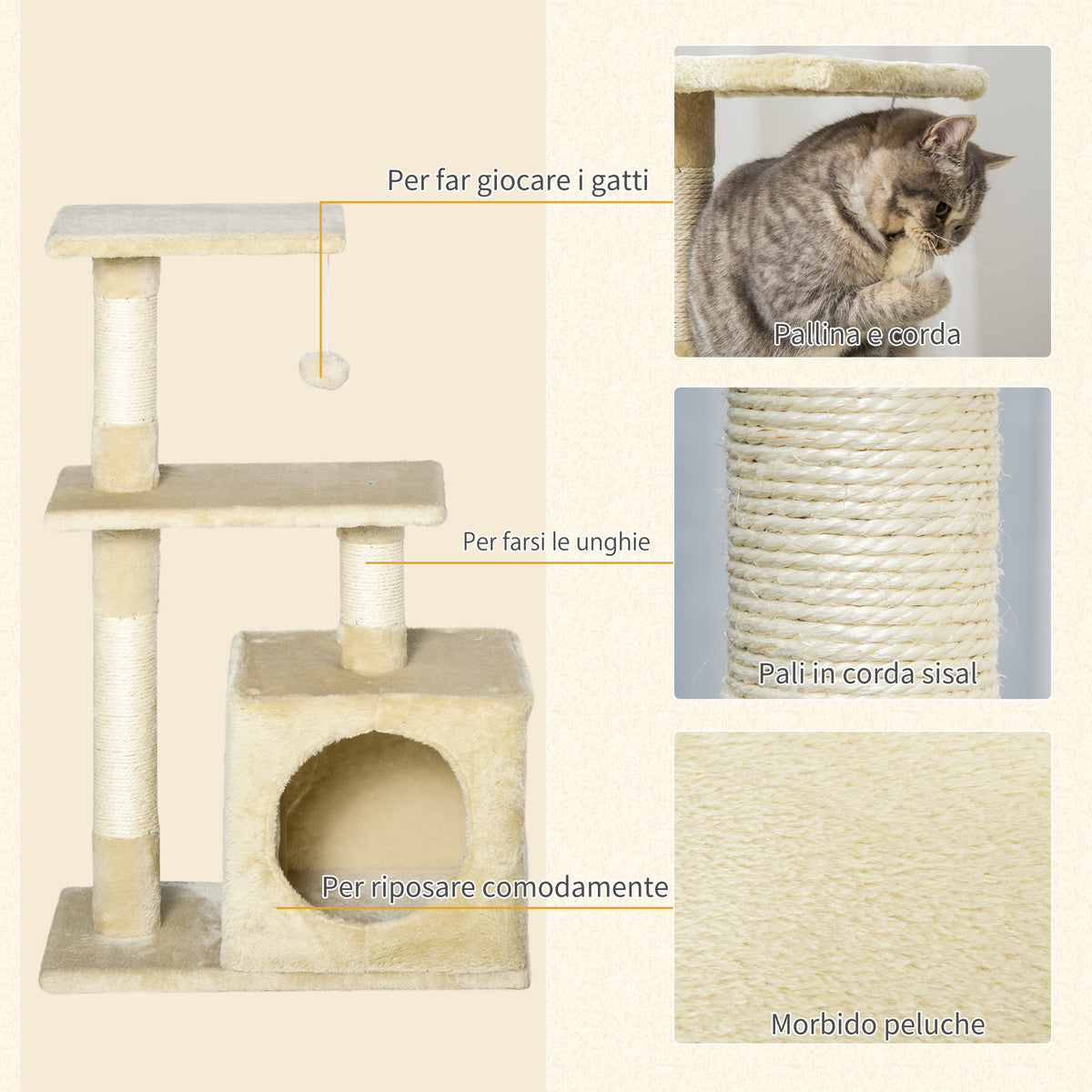 Albero Tiragraffi per Gatti con Cuccia, 50x30x81.5cm
