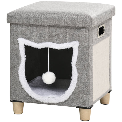 Casetta per Gatti con Tiragraffi, Cuscino e Pallina, in Legno e Poliestere, 35.5x35.5x42.5 cm, Crema e Grigio