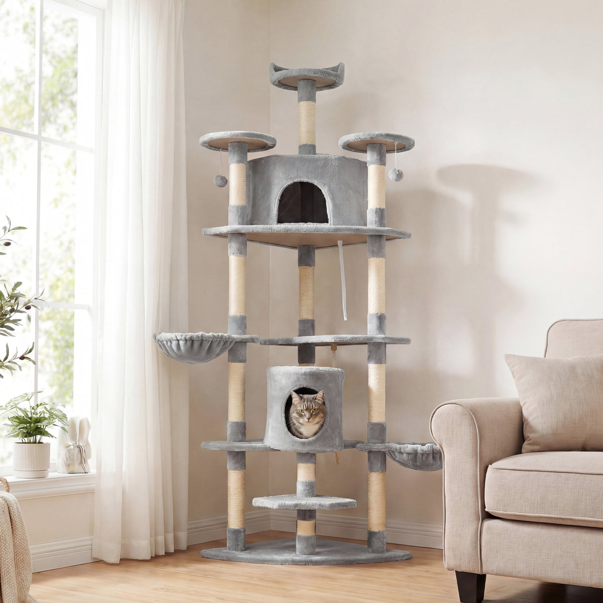 Albero Tiragraffi per Gatti Alto con Casette e Amache, 60x60x200cm, Grigio Chiaro
