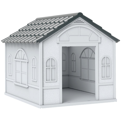 Casetta per Cani in PP Impermeabile con Tetto Inclinato e Porta di Ingresso, 65x75.7x63 cm, Grigio