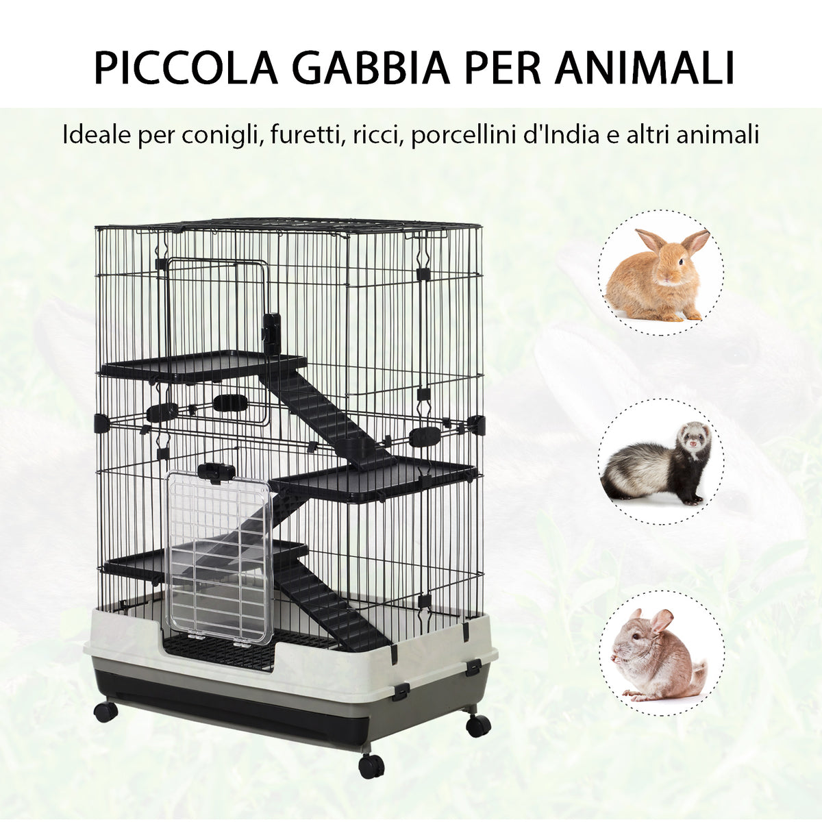 Gabbia a 3 Piani in Metallo con Vassoio per Roditori, Conigli e Furetti con 4 Ruote, 81.2x52.7x114cm, Nera
