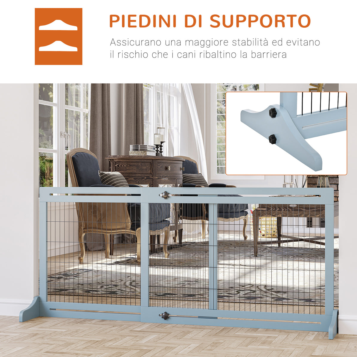 Cancellino per Cani Estensibile da Interno in Legno e Acciaio, 104-180x36x69cm, Blu-grigio