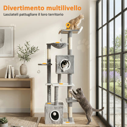 Albero Tiragraffi per Gatti con 2 Casette, Rampa, Trespoli e 4 Palline, 48x40x165 cm, Grigio e Bianco