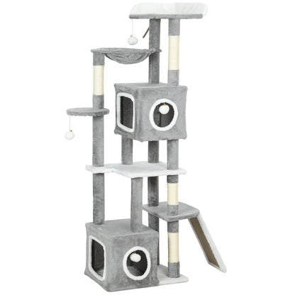 Albero Tiragraffi per Gatti con 2 Casette, Rampa, Trespoli e 4 Palline, 48x40x165 cm, Grigio e Bianco