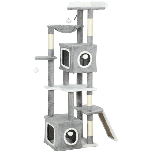 Albero Tiragraffi per Gatti con 2 Casette, Rampa, Trespoli e 4 Palline, 48x40x165 cm, Grigio e Bianco