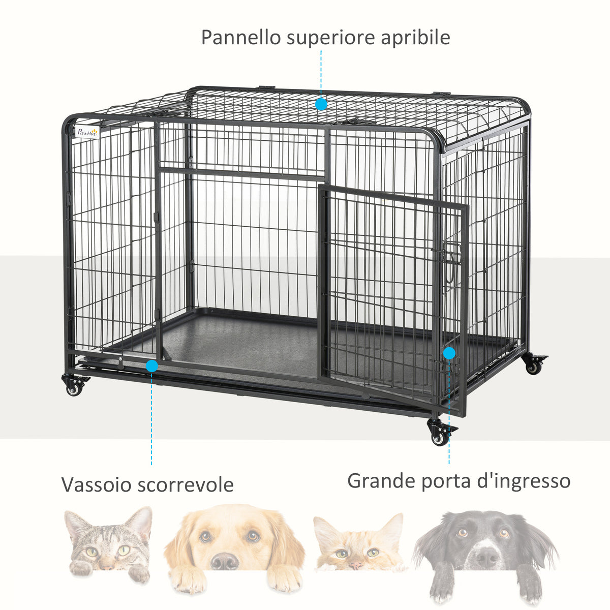 Kennel Gabbia per Cani Pieghevole a Doppia Porta con Blocco, Box per Cani con 4 Ruote con Freno e Fondo Rimovibile, 125x76x81cm, Grigio Scuro