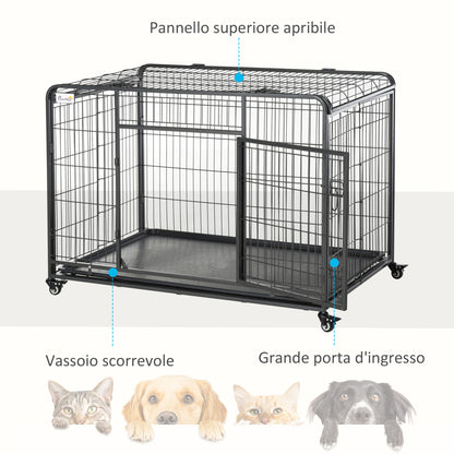Kennel Gabbia per Cani Pieghevole a Doppia Porta con Blocco, Box per Cani con 4 Ruote con Freno e Fondo Rimovibile, 125x76x81cm, Grigio Scuro