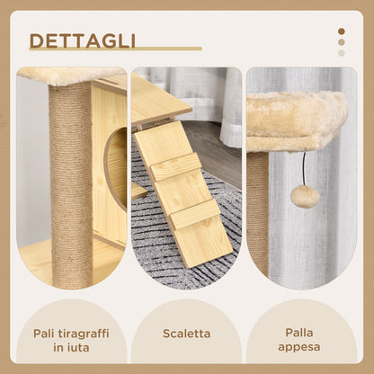 Albero Tiragraffi per Gatti con Casetta, 2 Lettini, Amaca e Pallina, in Legno, Poliestere e Sisal, 60x40x130 cm