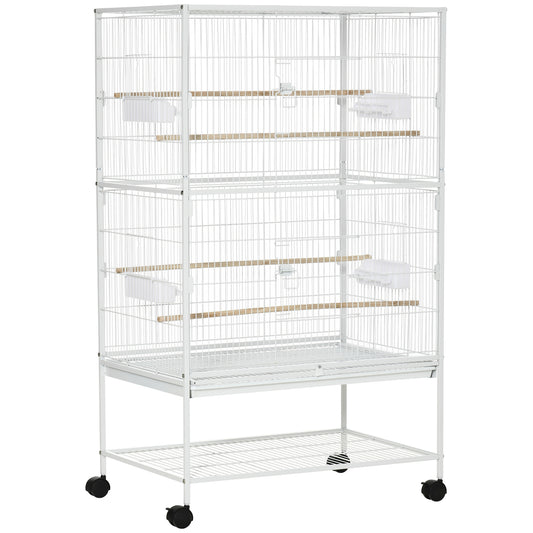 Gabbia per Uccelli da Interni con Vassoio Estraibile, 4 Ruote e Trespolo, 78x52x132 cm, Bianco