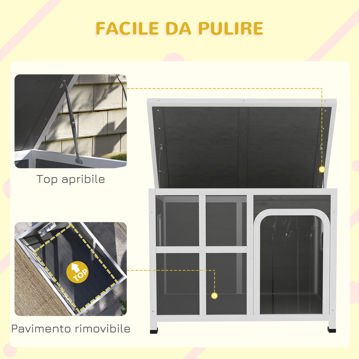 Casetta per Cani con Finestrelle e Ingresso a Tenda, in Legno di Abete, 90x62x71 cm, Grigio Chiaro