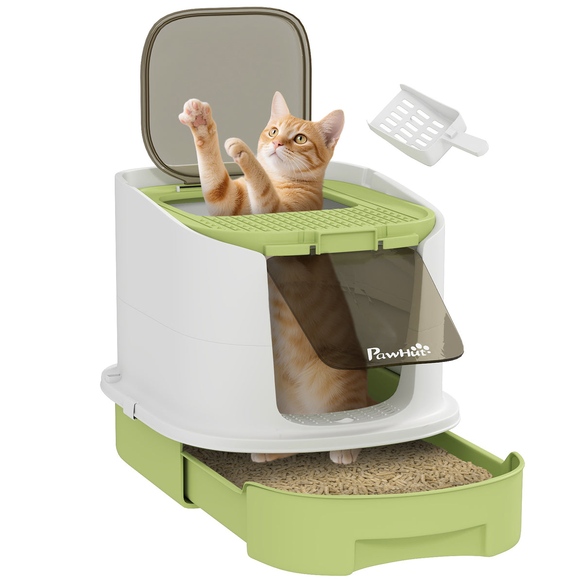 Lettiera per Gatti Chiusa con 2 Porte, Vassoio Estraibile, Paletta e Deodorante, in PP, 40.5x52.5x42.5 cm, Verde