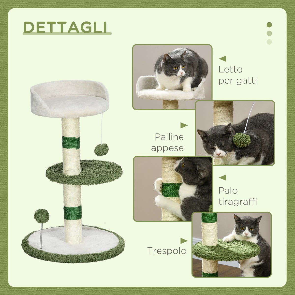 Albero Tiragraffi con Lettino per Gatti, 2 Palline, Piattaforma e Palo in Sisal, Verde e Bianco