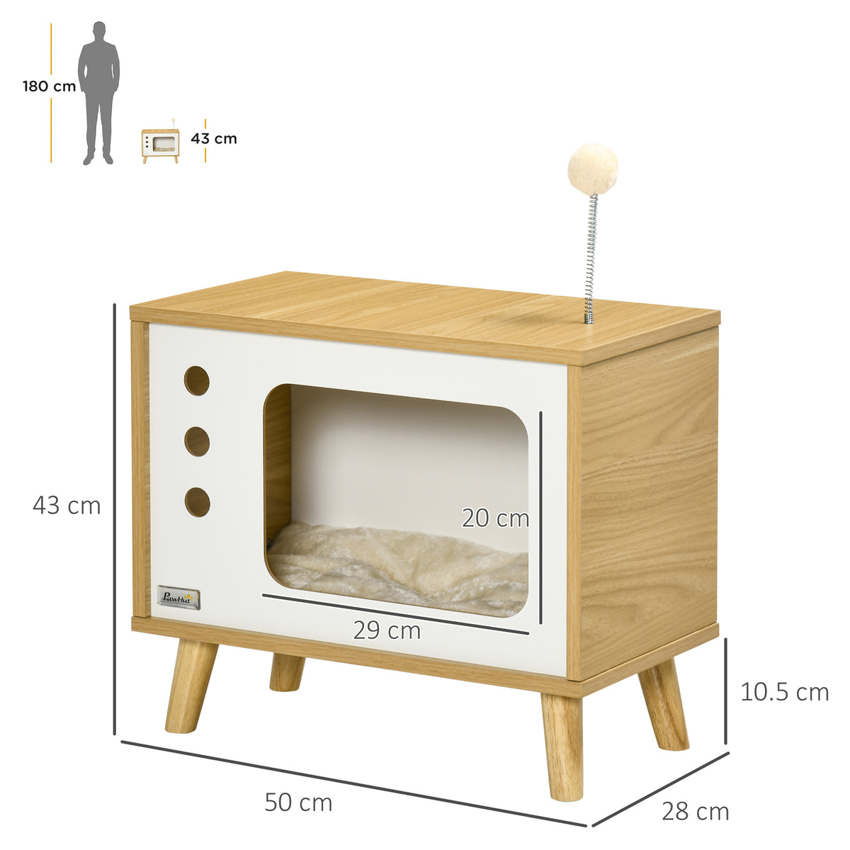 Casetta per Gatti in Truciolato a forma di Televisore con Cuscino e Pallina Giocattolo, 50x28x43 cm