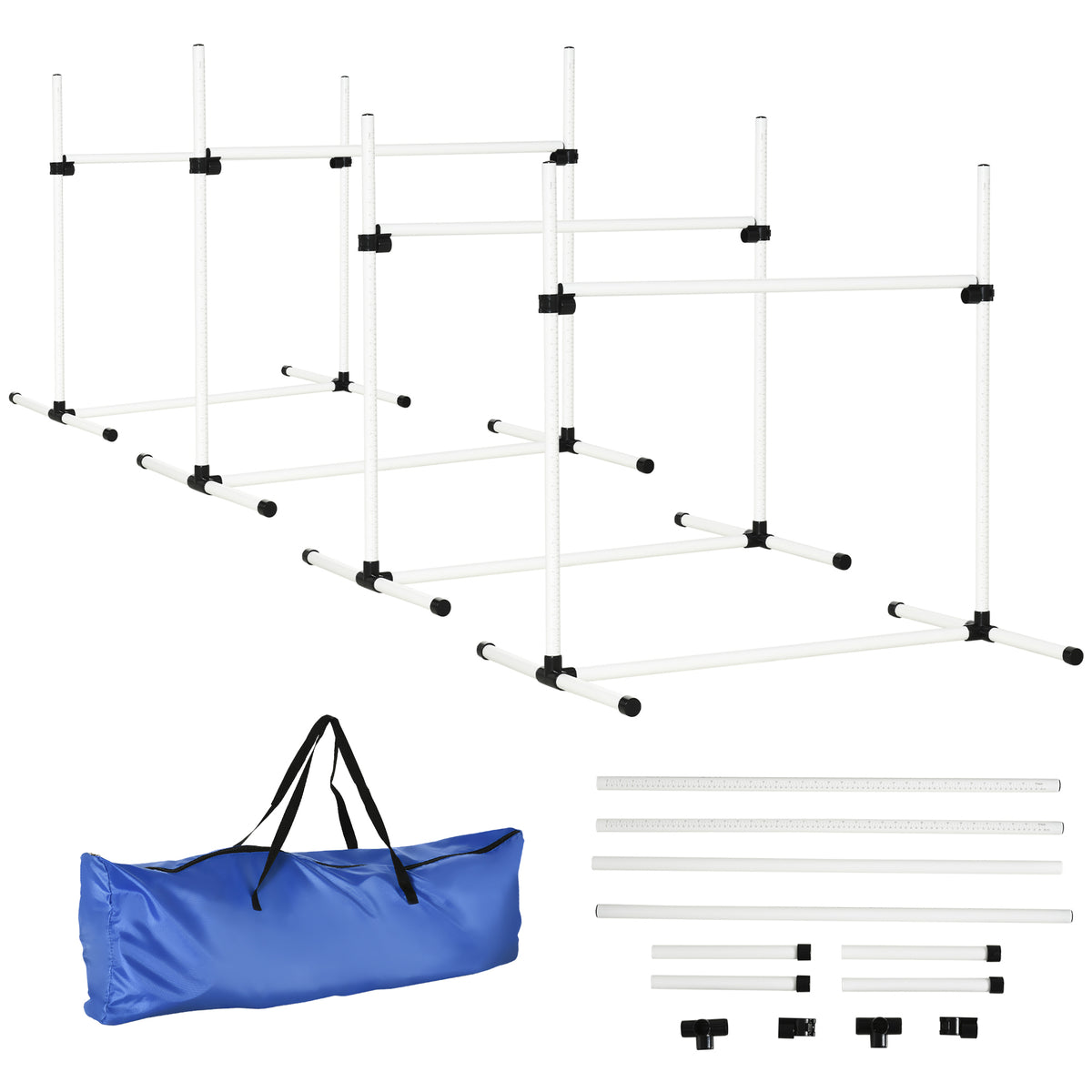 Set di 4 Ostacoli Agility Dog per Addestramento Cani ad Altezza Regolabile con Borsa da Trasporto Inclusa, 99x65x94cm, Bianco