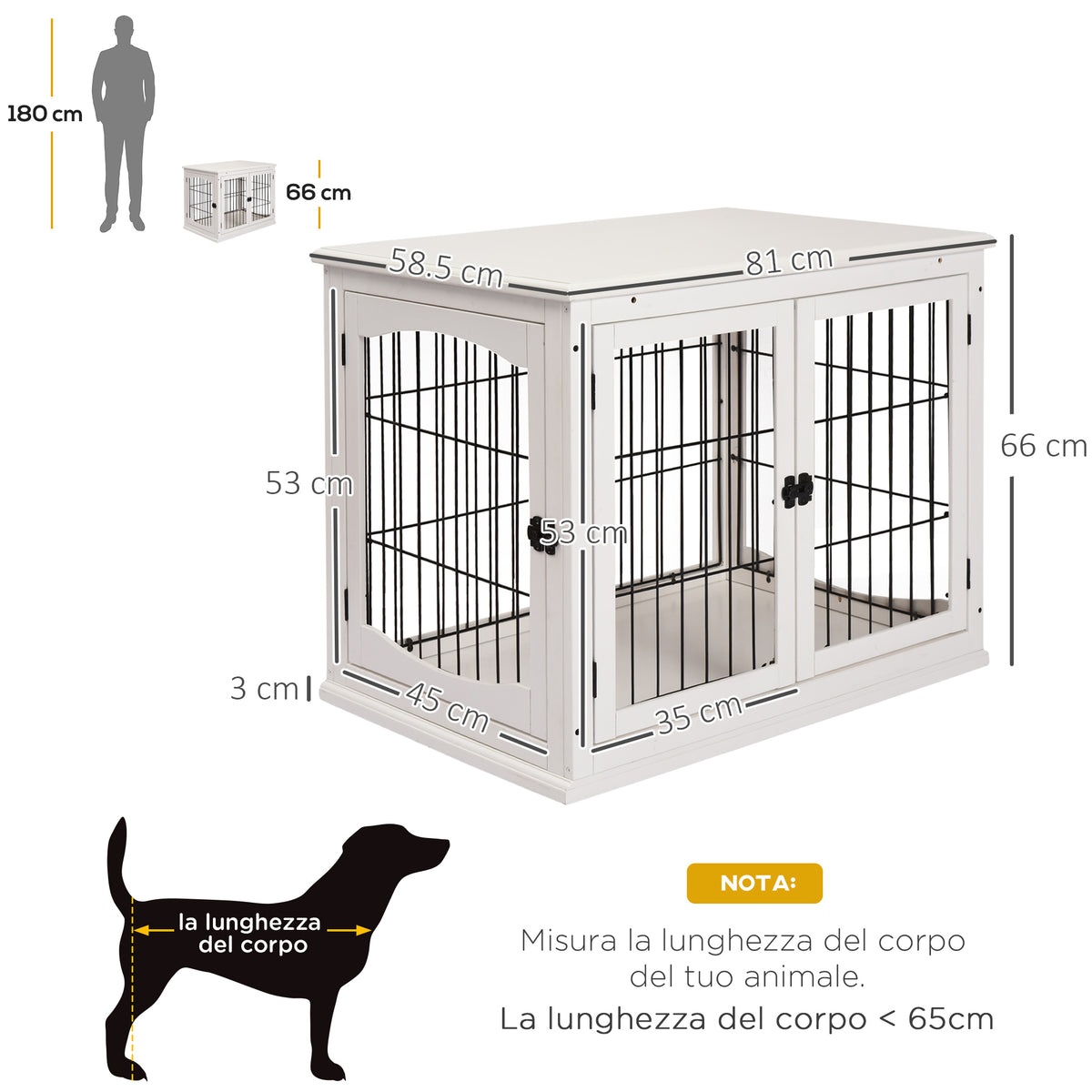 Casetta per Cani Fino 30kg da Interno in Legno e Acciaio, 58.5x81x 66cm - Bianco