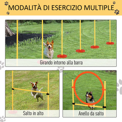 Set Agility Dog 3 Esercizi: Slalom, Ostacoli, Anello, per Addestramento Cani, Portatile, 2.5 kg, Giallo e Rosso