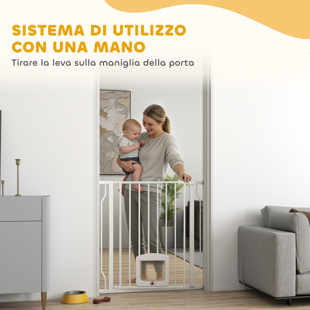Cancello per Cani e Gatti Estensibile con Gattaiola Integrata, in Acciaio e ABS, 75-85x2x76 cm, Bianco