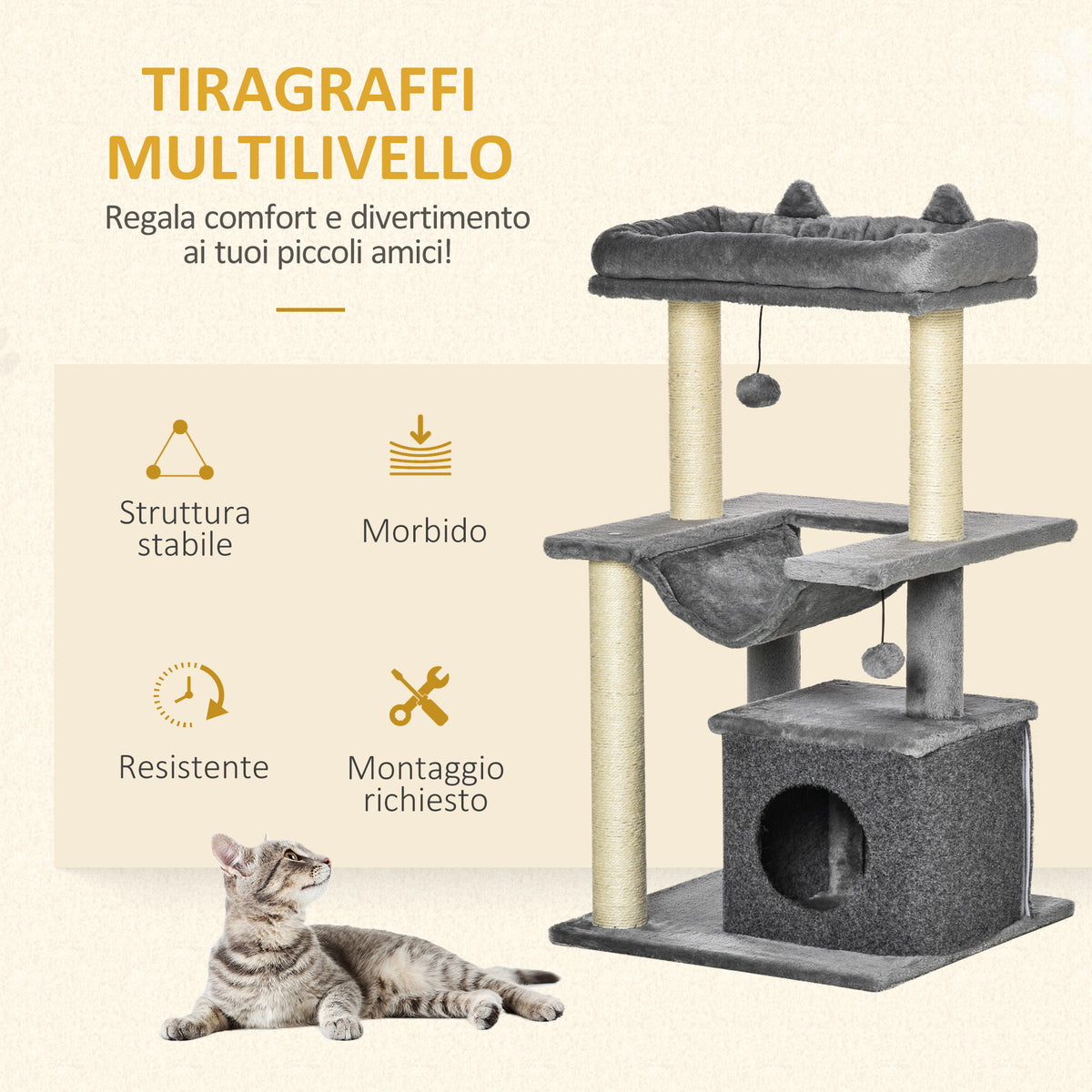 Albero Tiragraffi con Corde Sisal, Casetta e Amaca, Rivestimento Peluche e Feltro, Altezza 100cm, Grigio