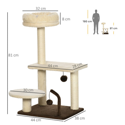 Albero Tiragraffi per Gatti con Palo in Sisal, Posatoio e Palline da Gioco, in Truciolato e Peluche, 44x38x81 cm