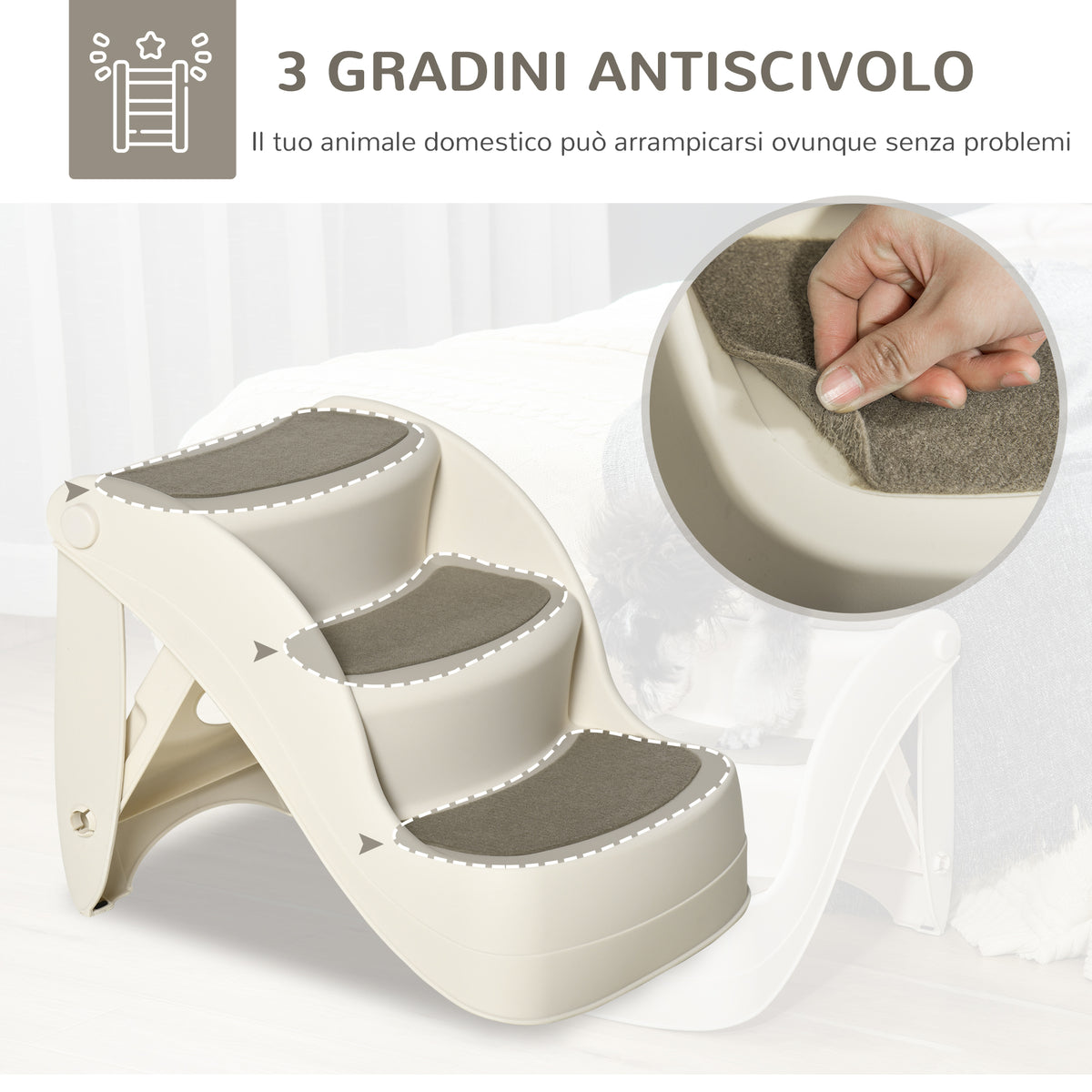 Scaletta per Cani e Gatti Pieghevole con 3 Gradini Antiscivolo in PP, 49x38x38 cm, Beige