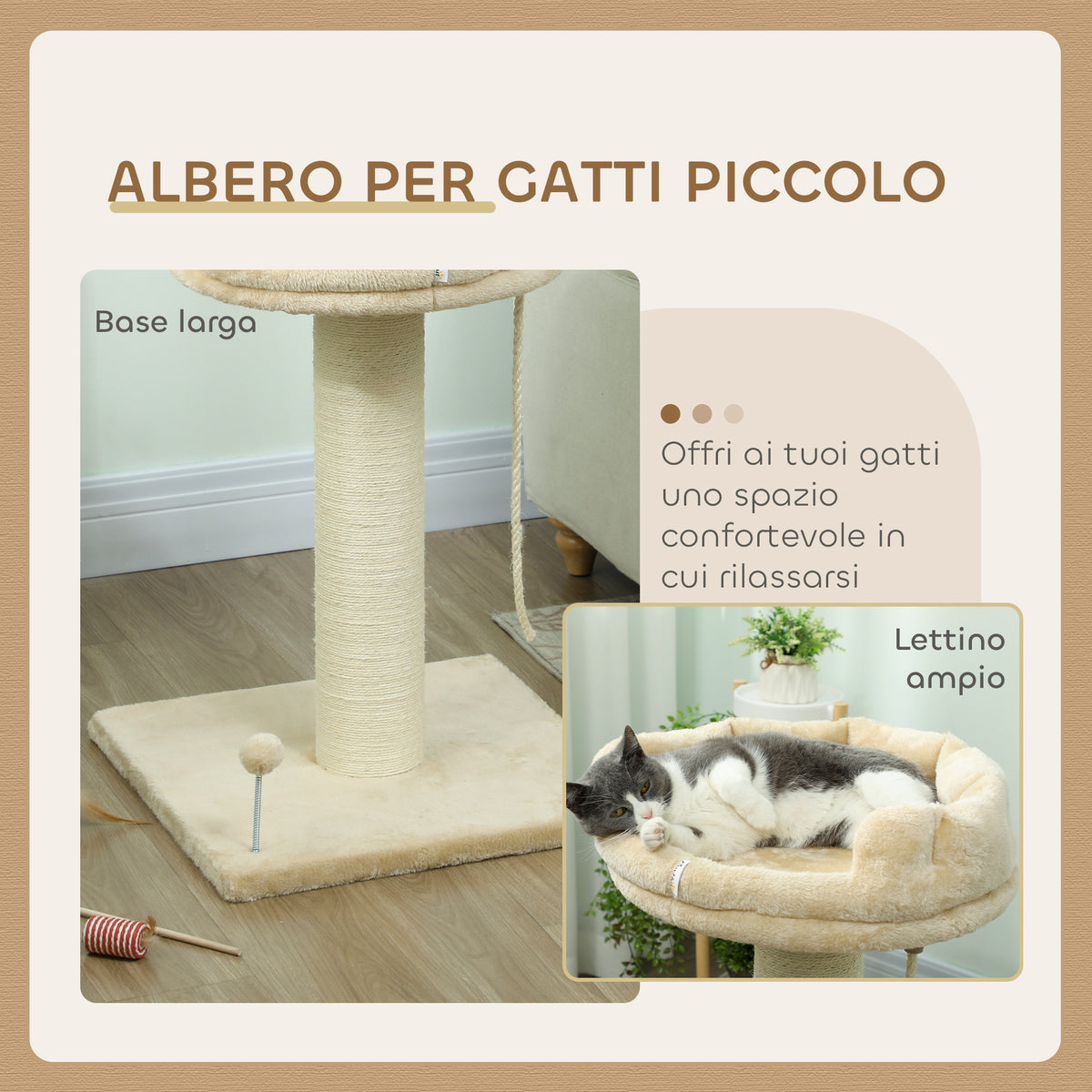 Albero Tiragraffi per Gatti con Lettino e Pallina in Peluche e Palo in Sisal 55x55x83cm Beige