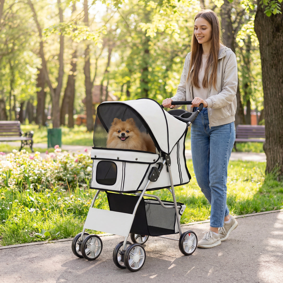Passeggino per Cani Pieghevole con Catarifrangenti, Ruote Girevoli, Freni e Cuscino Lavabile, Grigio