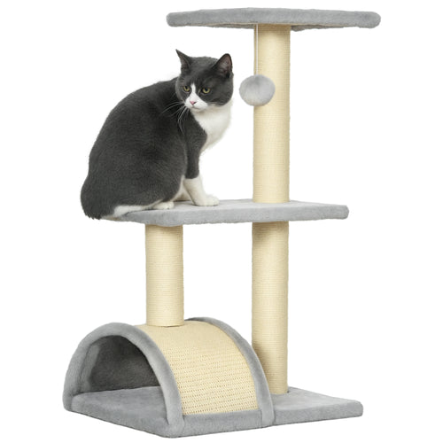 Albero per Gatti a 3 Livelli con Tiragraffi, Peluche e Sisal, 40x35x72 cm, Grigio Chiaro