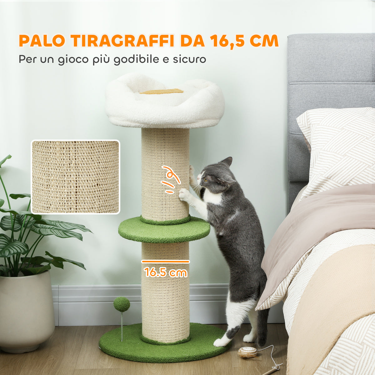 Albero Tiragraffi per Gatti Alto 92 cm con Palo in Sisal e Lettino a Forma di Fiore, Verde