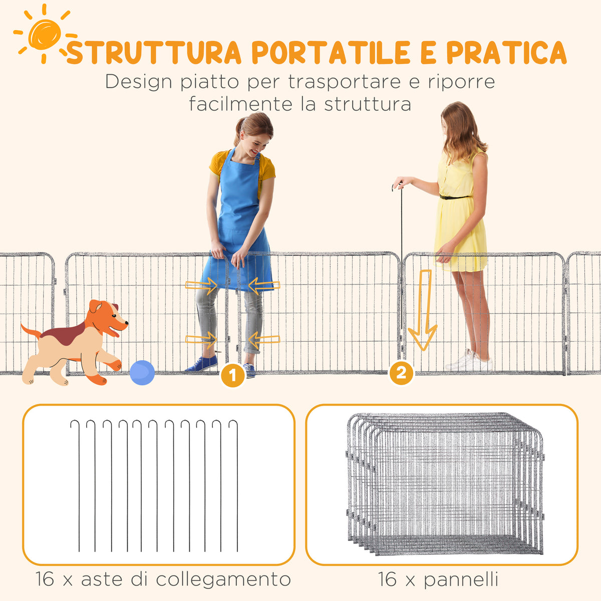 Recinto per Cani e Cuccioli con 16 Pannelli Modulabili e 2 Ingressi, 80x1.5x60cm