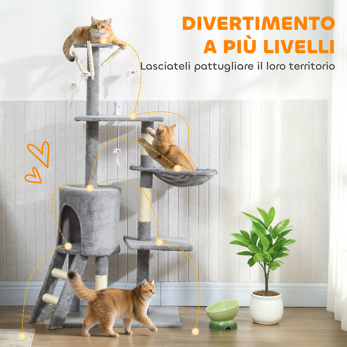 Torre per Gatti con Casetta, Trespolo, Piattaforme e 4 Topolini, in Legno, Peluche e Sisal, 60x35x134 cm, Grigio