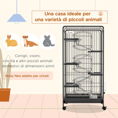 Gabbia per Piccoli Animali con Ruote, 5 Rampe e 5 Piattaforme, Ciotola e Bottiglia, 61.5x44x131 cm, Nero