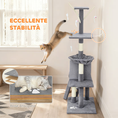 Torre per Gatti con Casetta, Trespolo, Piattaforme e 4 Topolini, in Legno, Peluche e Sisal, 60x35x134 cm, Grigio