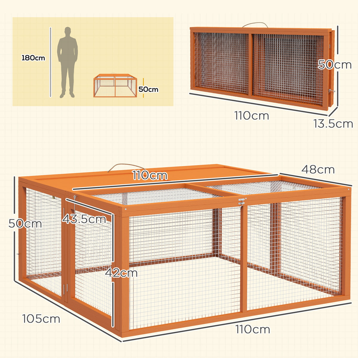 Conigliera da Esterno Pieghevole per 2-3 Roditori con Ingressi Multipli, in Legno e Acciaio, 110x105x50 cm, Arancione