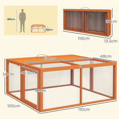 Conigliera da Esterno Pieghevole per 2-3 Roditori con Ingressi Multipli, in Legno e Acciaio, 110x105x50 cm, Arancione