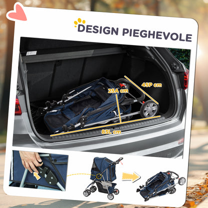 Passeggino per Cani Pieghevole con Cestino e Portabicchiere, Peso Max. 10 kg, 75x45x97cm, Blu Scuro