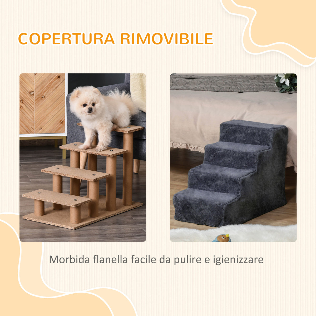 Scaletta per Cani Portatile a 4 Gradini, in Tessuto Vellutato Sfoderabile e Legno, 60x35x44 cm, Grigio Scuro