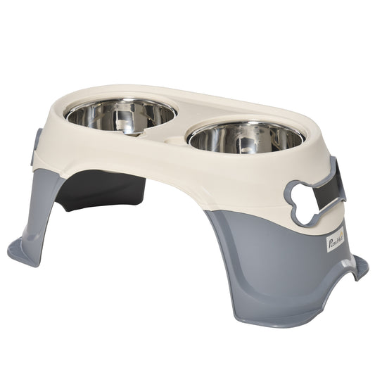 Doppia Ciotola per Cani Rialzata in Acciaio Inox e Plastica con Piedini Antiscivolo, 47x25x20cm, Bianco e Grigio