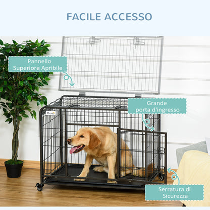 Kennel per Cani Pieghevole a Doppia Porta con Blocco, 4 Ruote con Freno e Fondo Rimovibile, 94x58x69.5 cm, Grigio