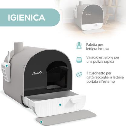 Lettiera per Gatti Chiusa con Filtri, Paletta e Vassoio, Struttura in PP, 43x44x47cm, Grigio