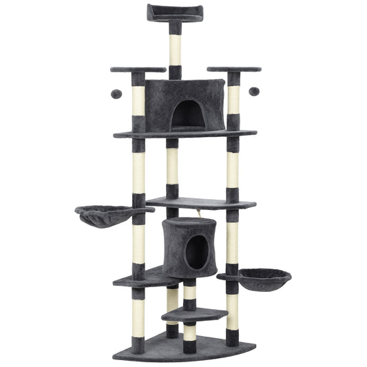 Albero Tiragraffi per Gatti Alto con Casette e Amache, 60x60x200cm, Grigio Scuro