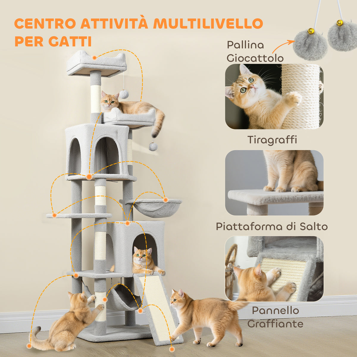 Albero Tiragraffi per Gatti con 2 Casette, 2 Lettini, Trespolo e 2 Palline, 48x40x177 cm, Grigio Chiaro e Beige